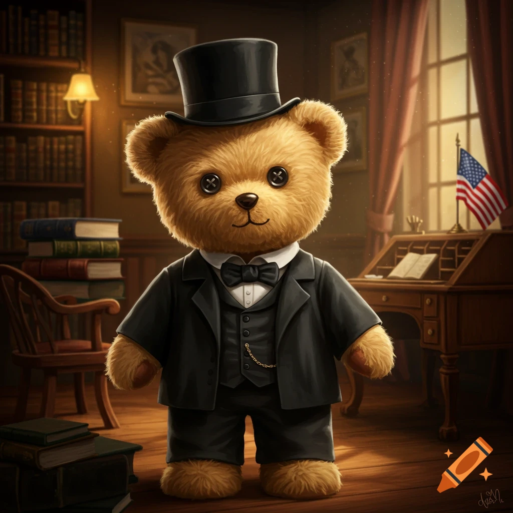 A photorealistic teddy bear wearing a black suit and top hat stands in a grand study with bookshelves, a desk, and an American flag.