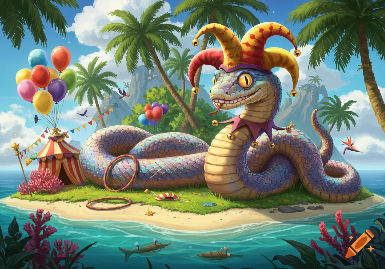 A large, cartoon snake in a jester hat on a vibrant tropical island with a circus tent and balloons.