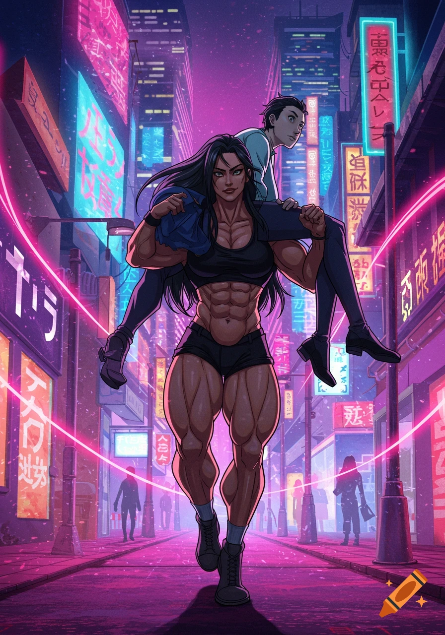 An anime-style muscular woman carries a slim man on her shoulders through a neon-lit futuristic city at night.