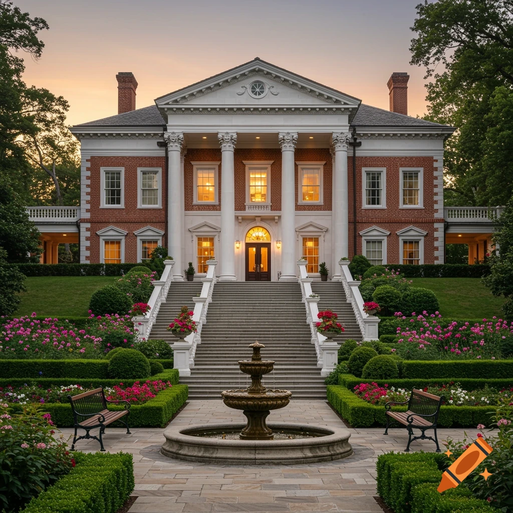 A grand red brick mansion with white columns, a sweeping staircase, and a formal garden with a fountain at sunset.