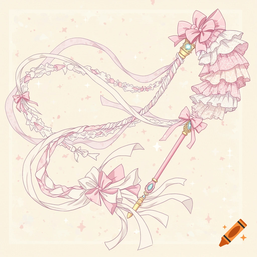 Anime-style illustration of a pink and white magical staff or whip, adorned with ruffles, lace, ribbons, and bows, on a sparkling background.