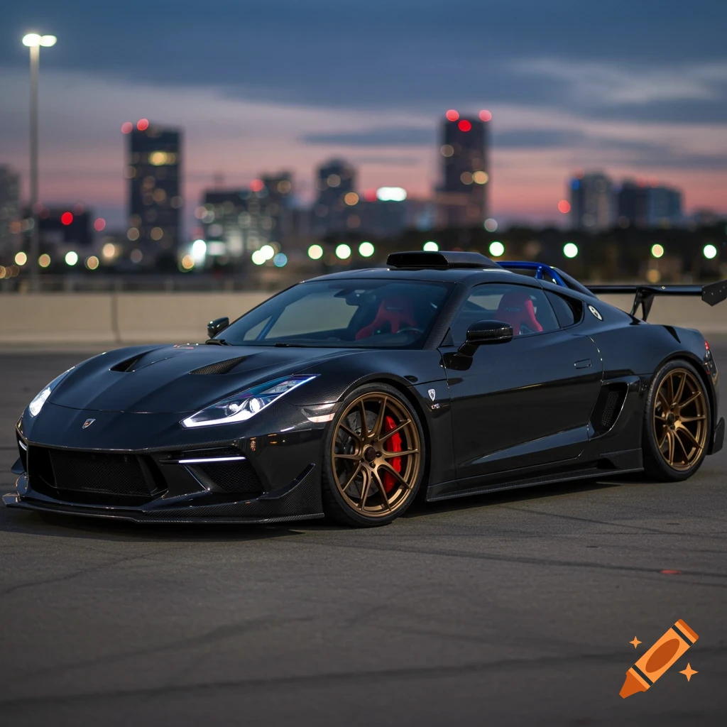 A sleek black sports car with carbon fiber accents, bronze wheels, and red brake calipers parked at dusk with a city skyline in the background.