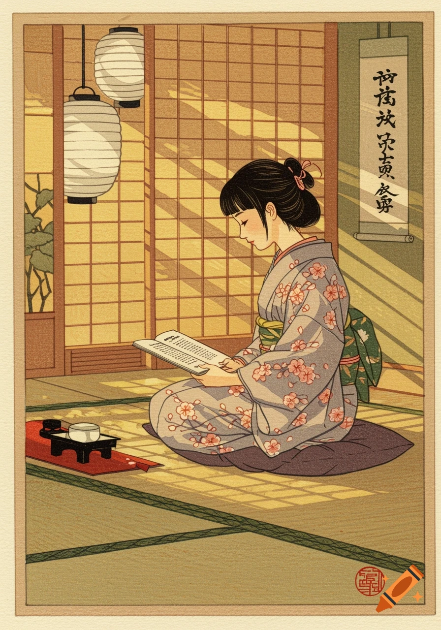 A traditional Japanese woodcut illustration of a young woman in a kimono reading a book while seated on a cushion in a room with shoji screens and paper lanterns.
