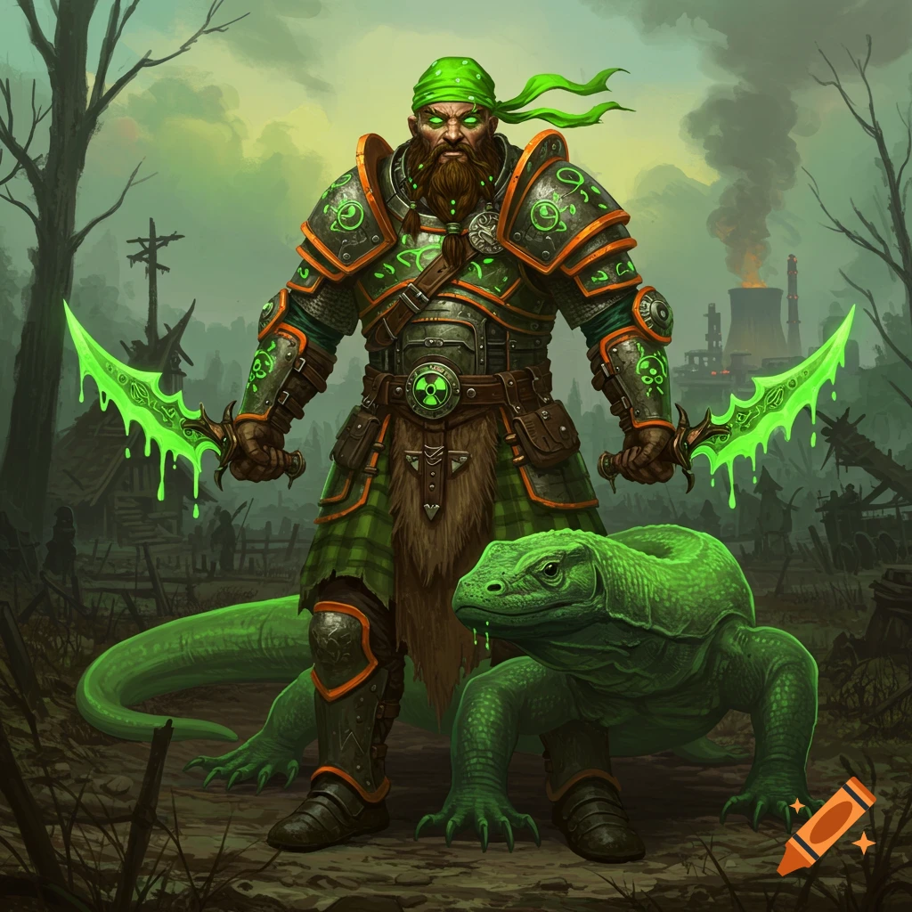 A heavily armored warrior with a beard and glowing green eyes, holding two glowing green daggers, stands next to a large green Komodo dragon in a wasteland with a nuclear plant in the distance.