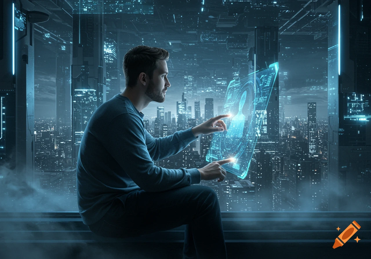 A man in a blue shirt interacts with a glowing holographic display, overlooking a futuristic city skyline at night.