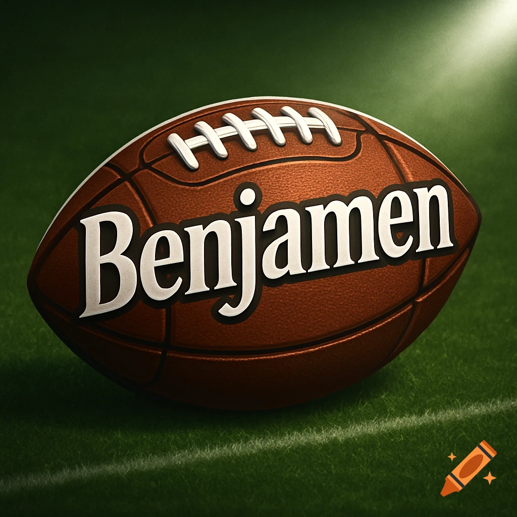 A brown American football with the name 'Benjamen' written across its side, resting on a green football field.