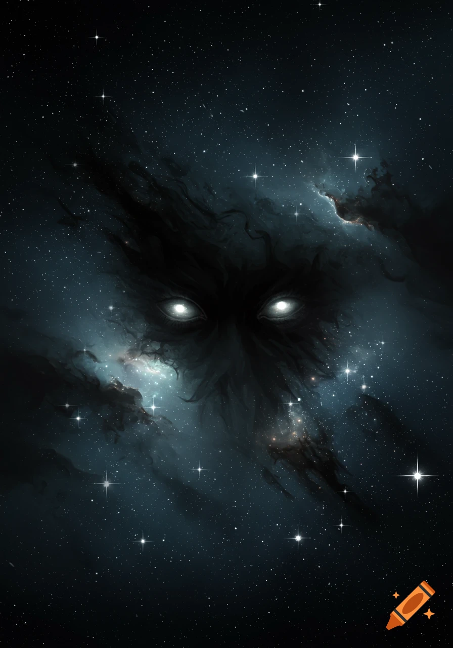 A dark, shadowy face with glowing white eyes emerges from a nebula amidst a field of stars in deep space.