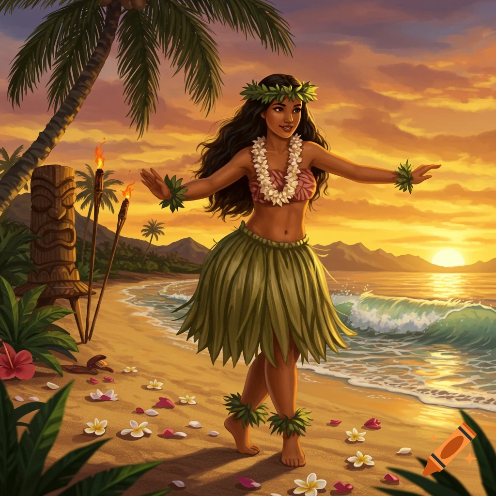 Illustrated woman dancing hula on a tropical beach at sunset with palm trees, a tiki statue, and ocean waves.