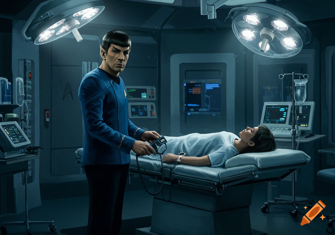 Mr. Spock in a blue uniform, holding a medical device while standing beside a patient lying on a bed in a futuristic sickbay.