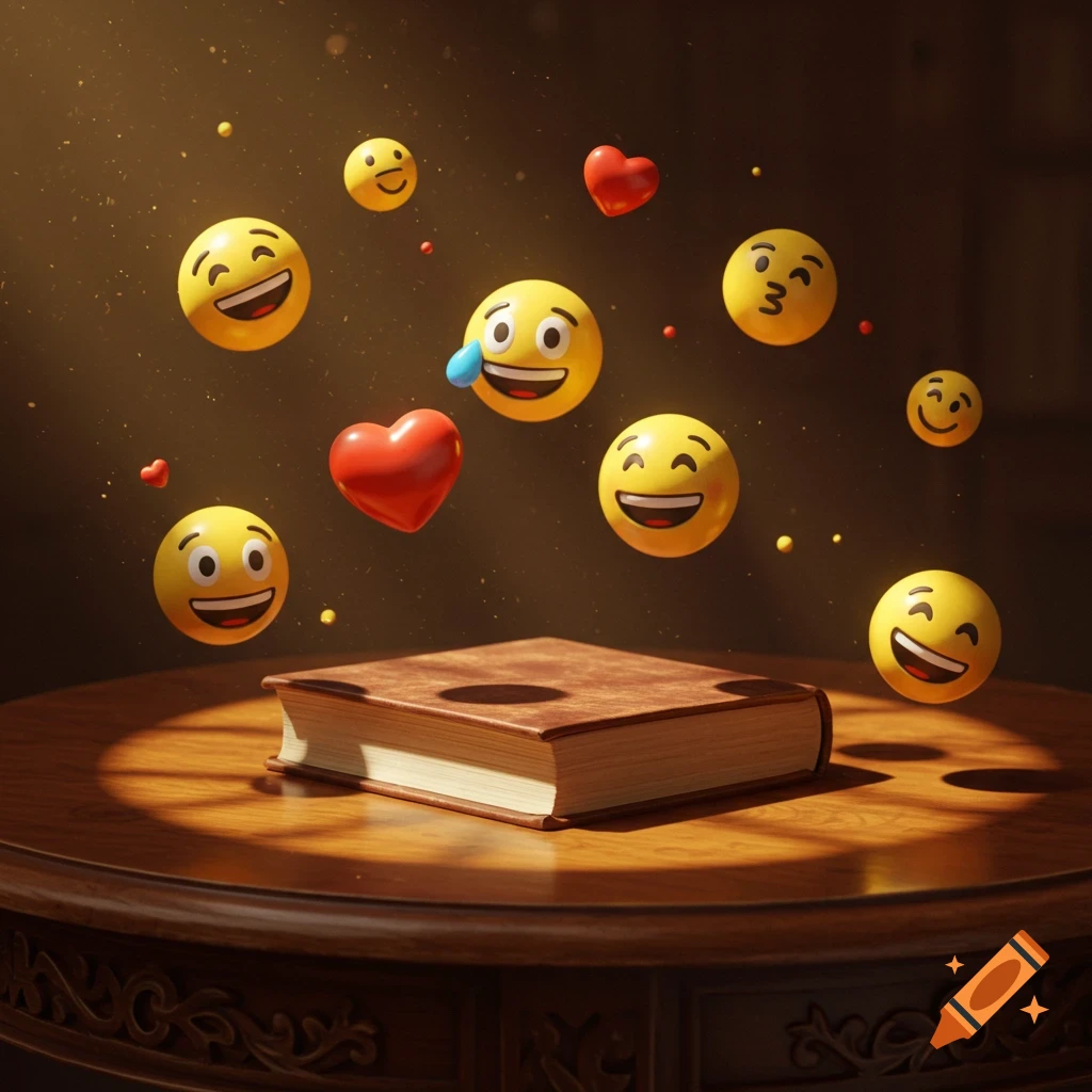 A brown book on a wooden table, surrounded by floating happy face and heart emojis in warm, dusty light.