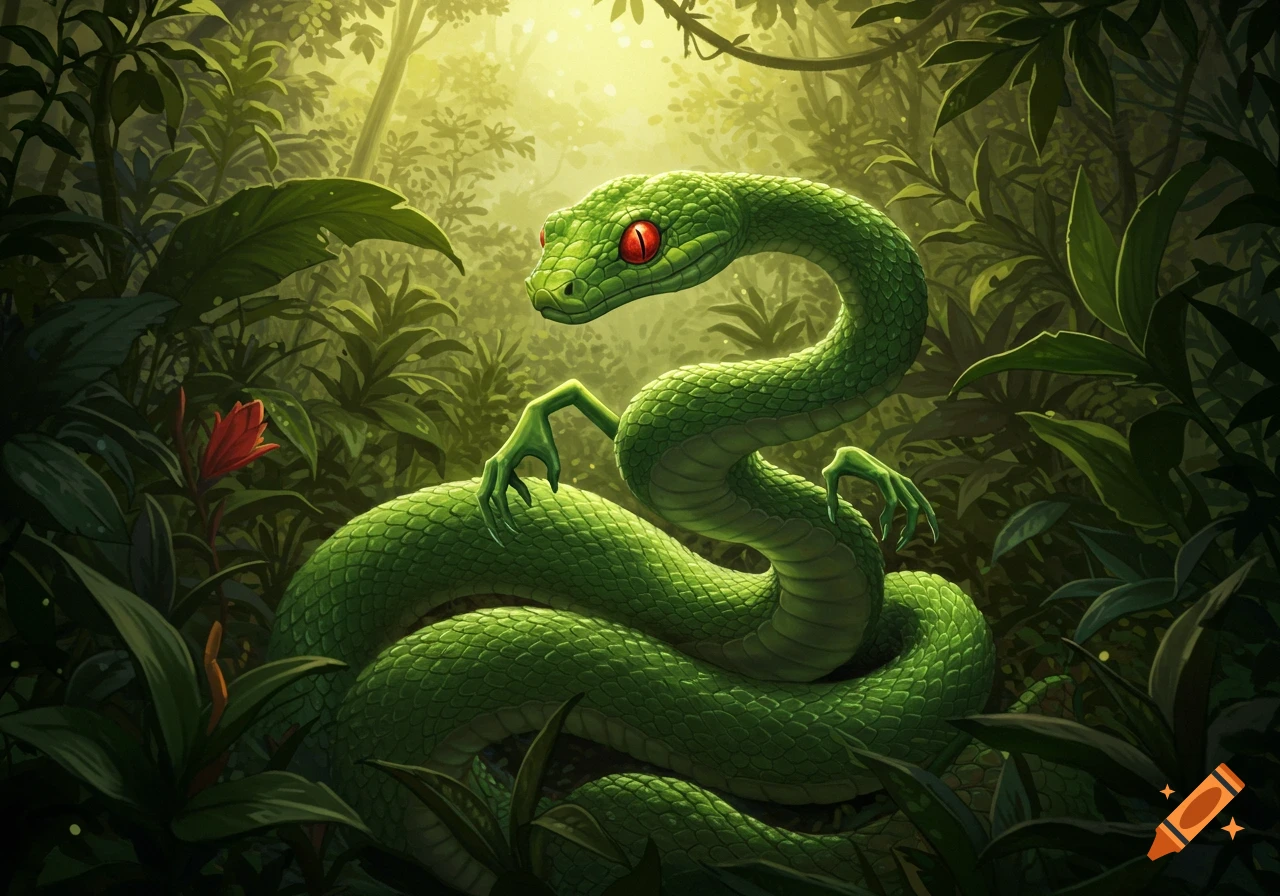 A vibrant green snake with red eyes, hands, and feet, coiled in a lush, sunlit jungle. Illustrated fantasy art style.