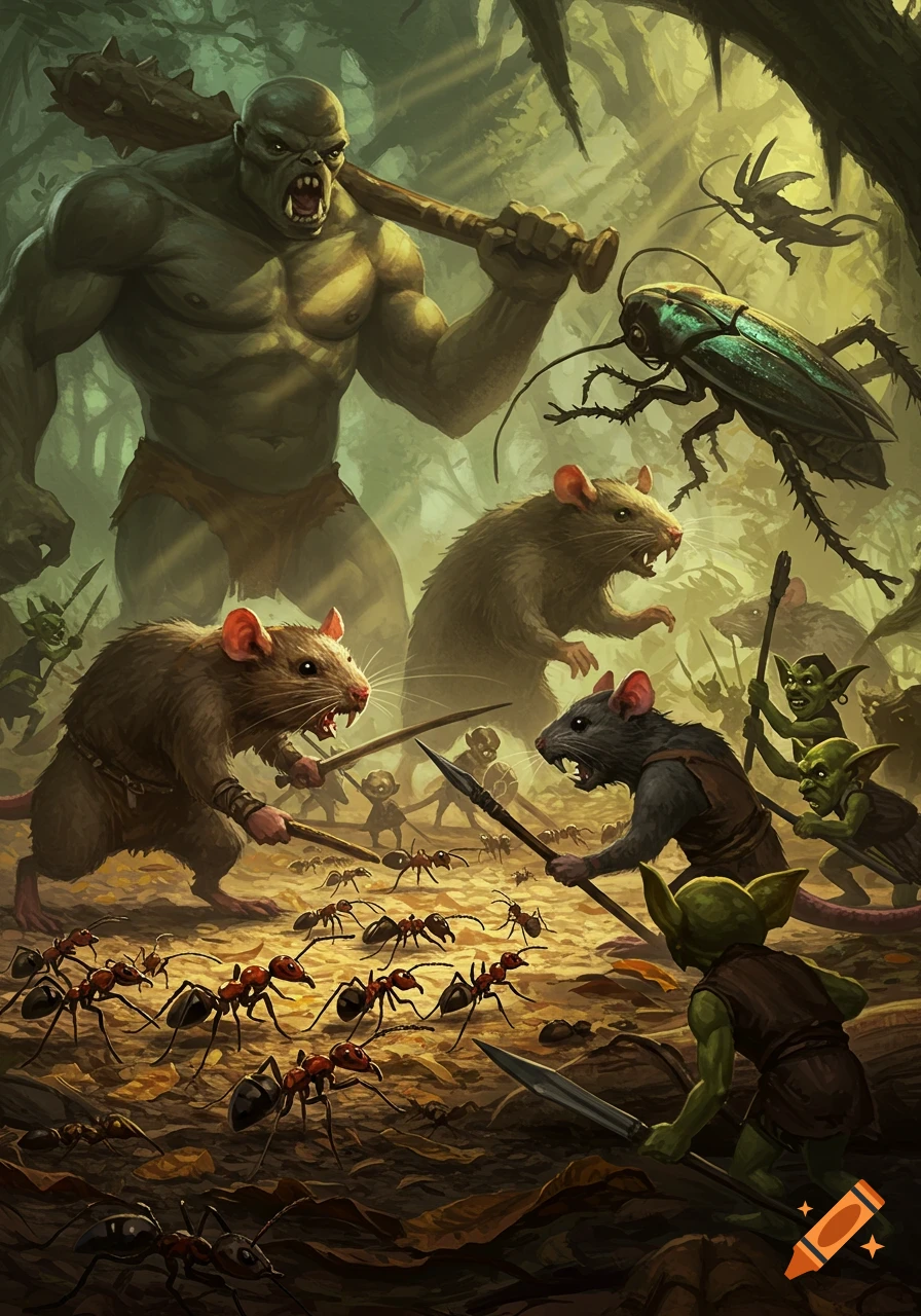 A giant green ogre with a club overlooks a chaotic battle between armed rats, goblins, and a swarm of ants, with a large cockroach nearby, in a dark forest.