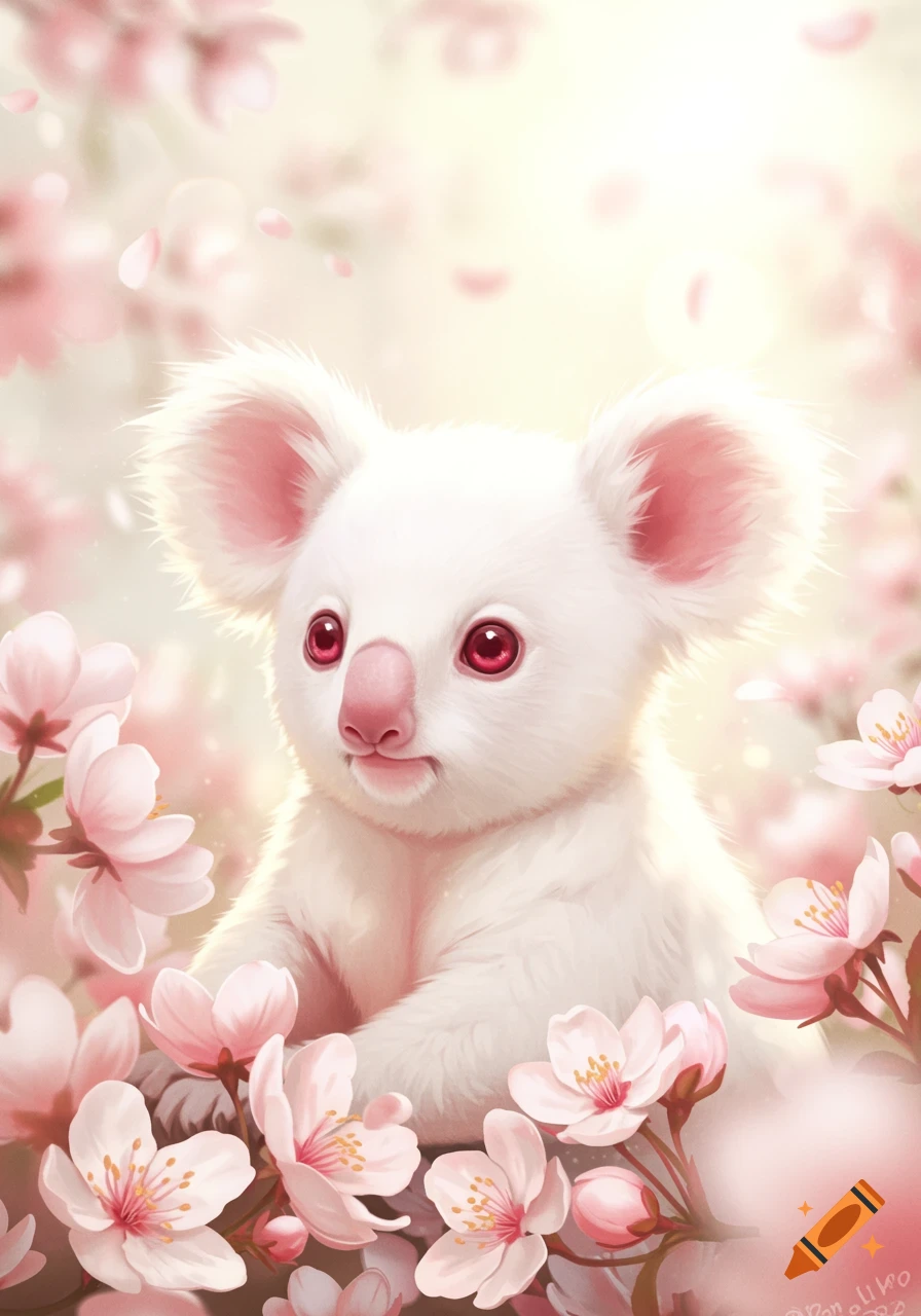 A cute albino koala-like animal with red eyes sits among pink cherry blossoms with a glowing background in a soft, bright art style.