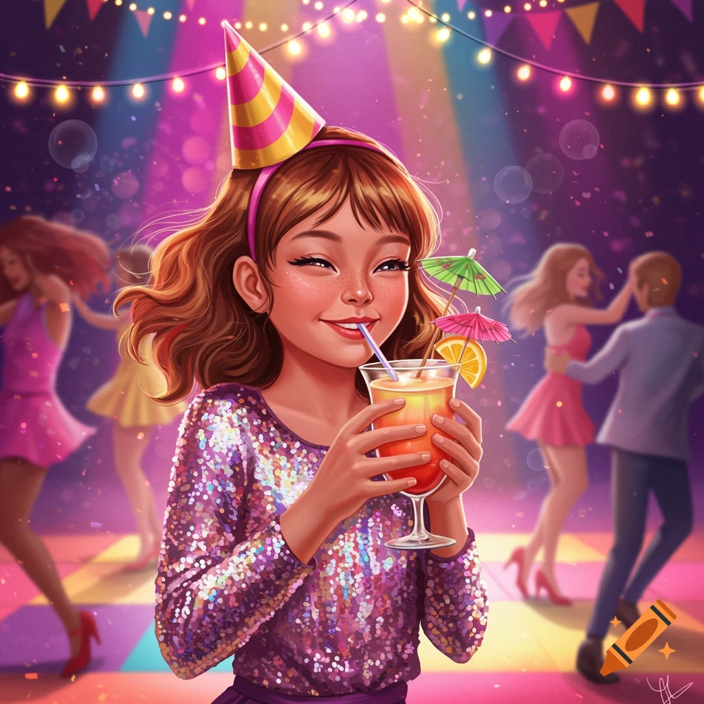 A smiling whimsical-style cartoon girl in a sequined top holding a colorful cocktail at a lively party.