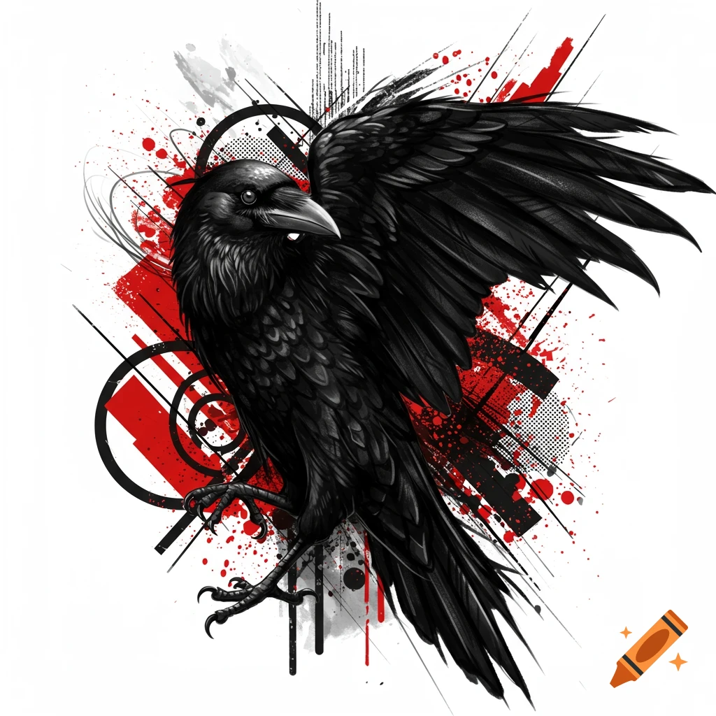 A black crow in a dynamic trash polka style with red paint splatters and black abstract shapes on a white background.
