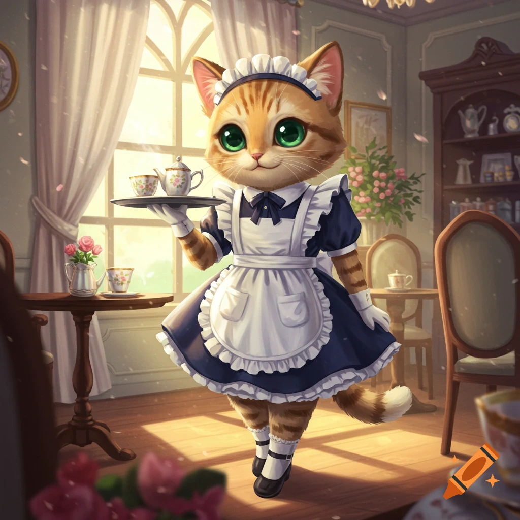 An anthropomorphic ginger cat maid with large green eyes holds a tray with teacups in a sunny room.