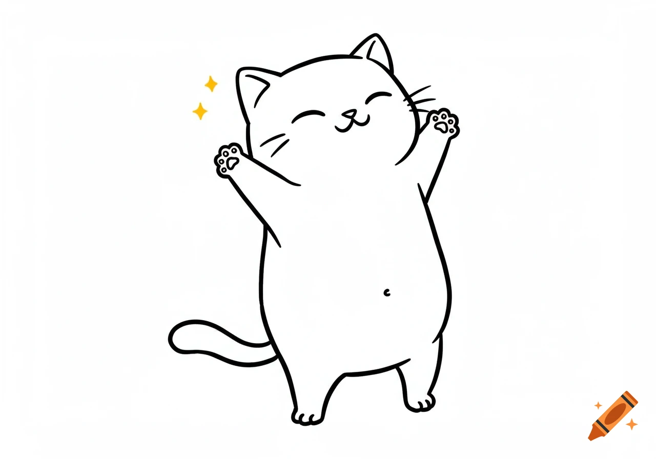 A happy cartoon cat drawing, outlined in black, standing on hind legs with paws raised and eyes closed, with yellow stars by its head.
