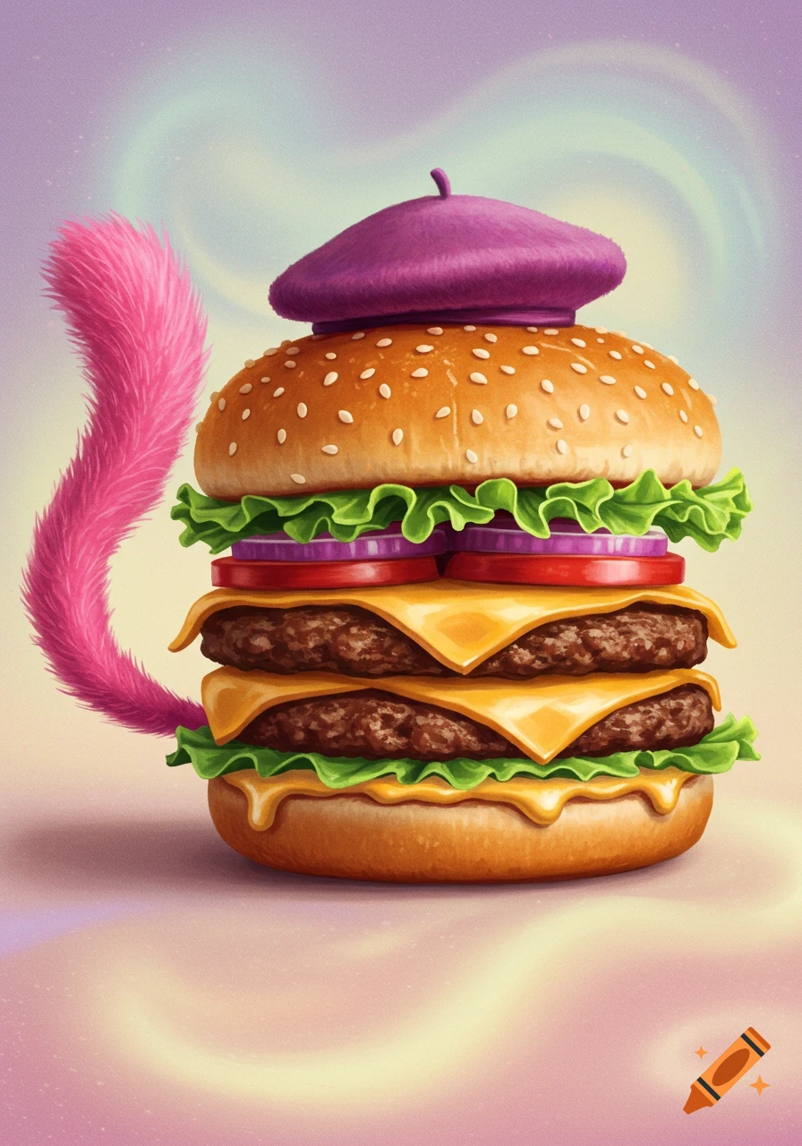 A vibrant illustration of a double cheeseburger with a pink furry tail and a purple beret sitting atop the bun.