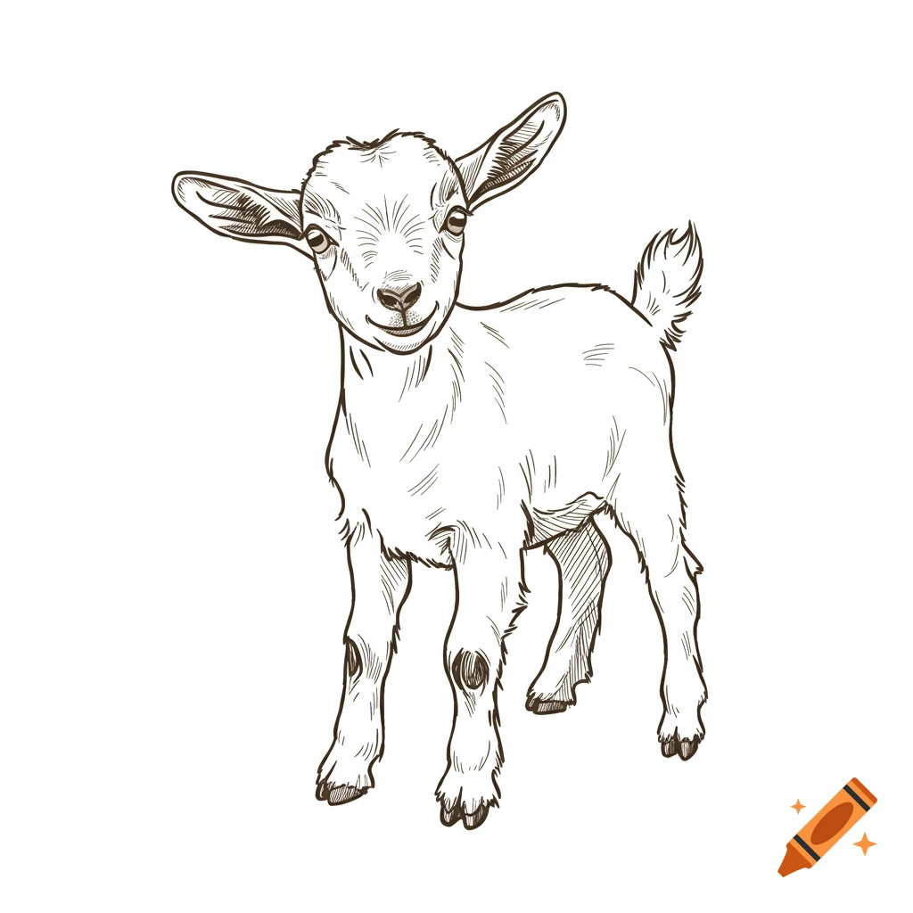 An outline drawing of a small baby goat standing and looking forward.