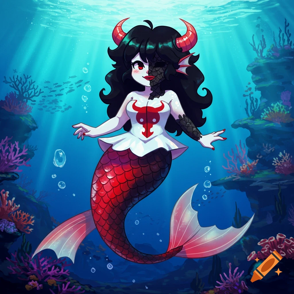 A stylized black-haired mermaid with red horns and a red-and-black scaled tail swims in an vibrant underwater coral reef.