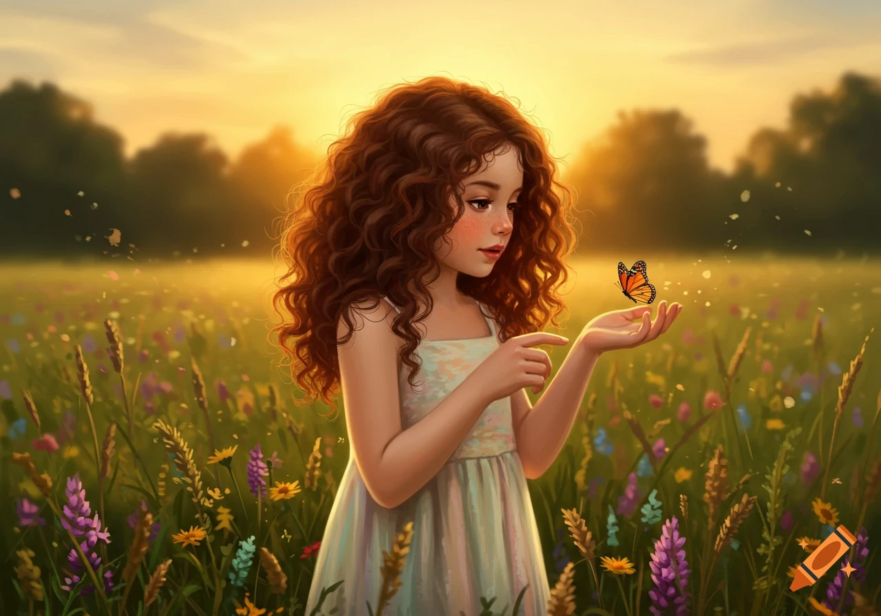 A young girl with curly hair holds her hand out to a butterfly in a sunny field at sunset, in an illustrated style.