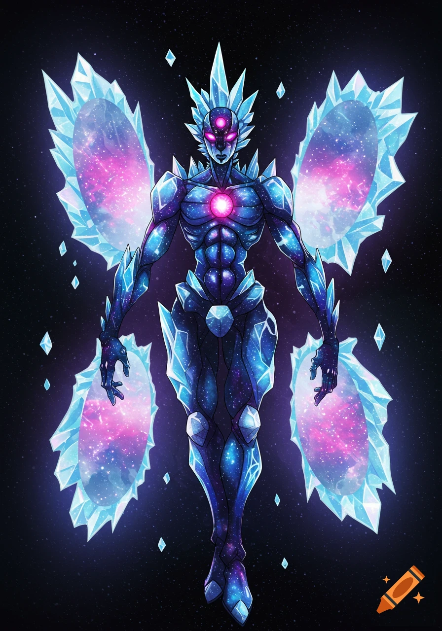 An anime-style ice and galaxy humanoid creature with crystalline wings glowing pink and blue, floating in a star-filled space.