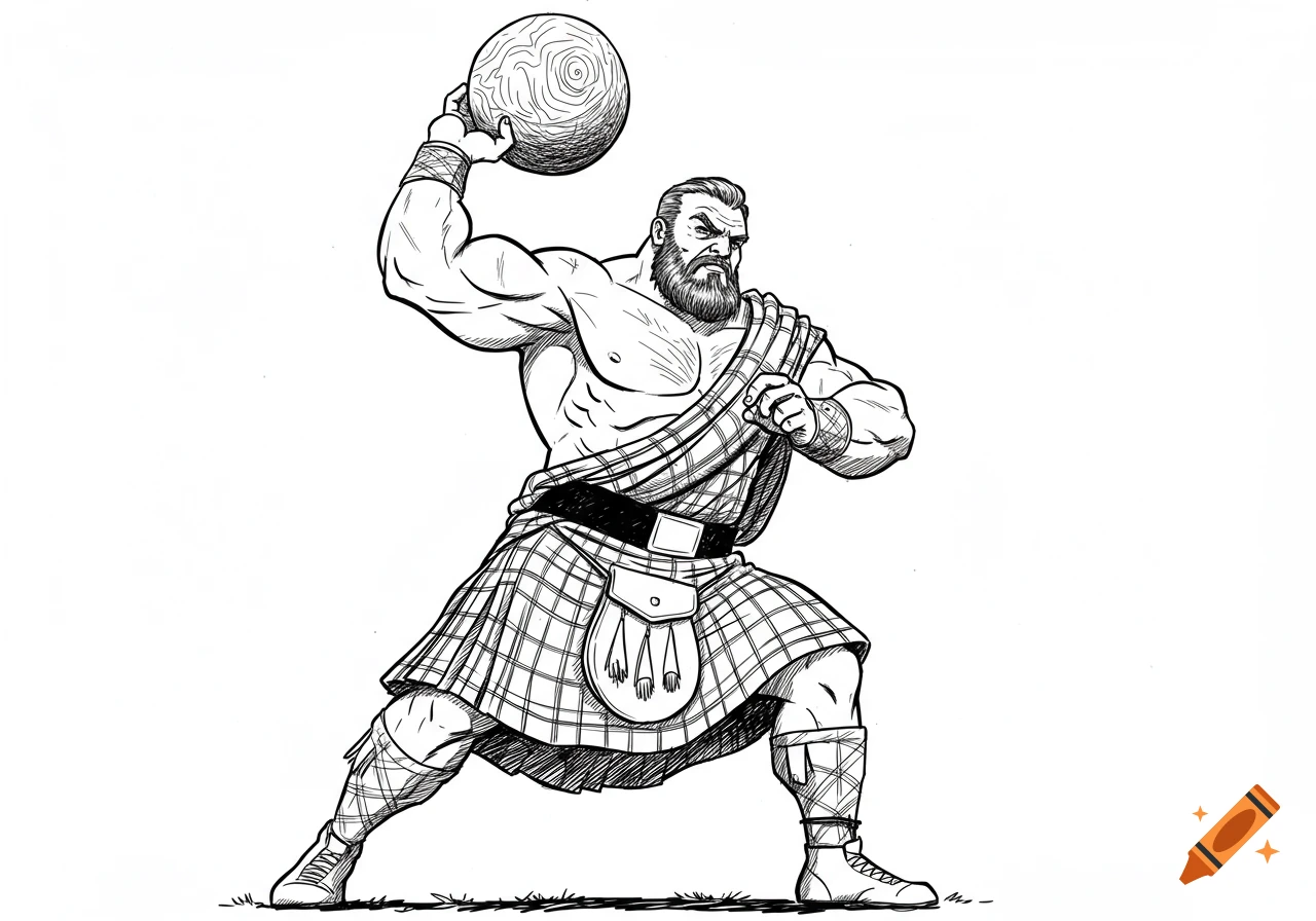 A black and white line drawing of a muscular Scottish man in a kilt and traditional attire, poised to throw a large, textured stone.