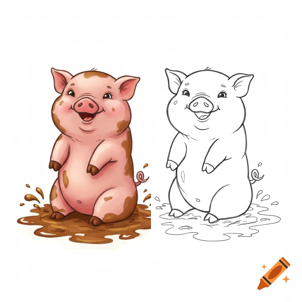 A happy cartoon pig stands in mud, with a colored version on the left and a black-and-white outline version on the right.