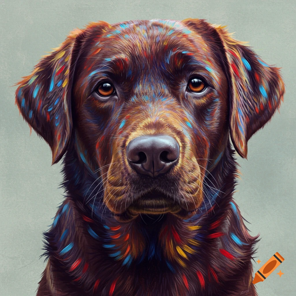 A brown Labrador Retriever's head and shoulders, facing forward, with colorful blue, red, and yellow streaks in its fur against a muted grey background.