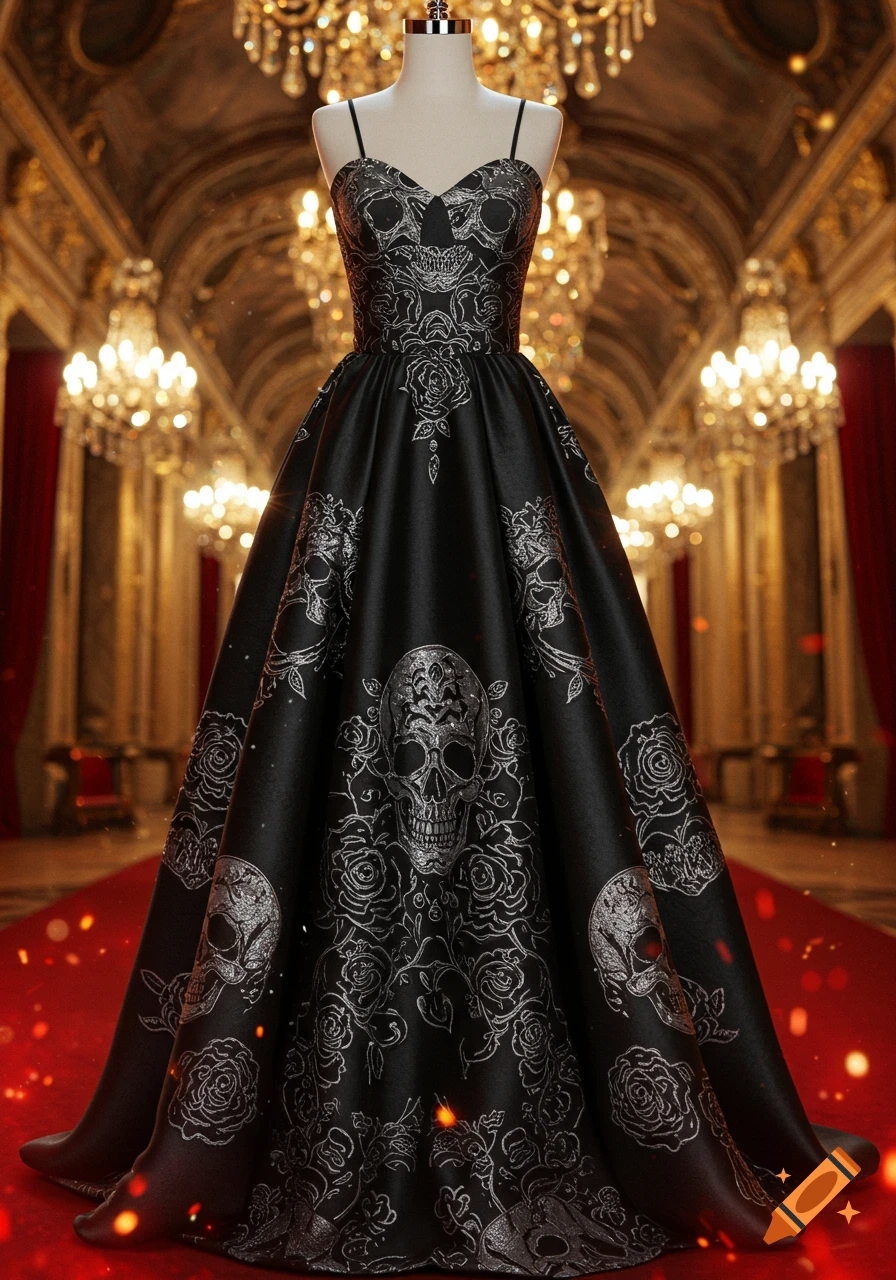 A black evening gown with silver skull and rose patterns on a mannequin in a grand hall with chandeliers.