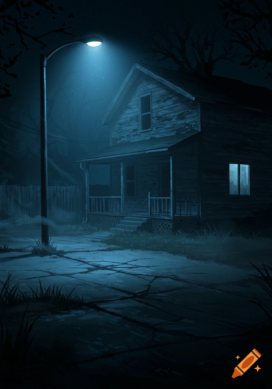 An eerie, dilapidated house at night under a dim street lamp, with a blue, foggy atmosphere and cracked pavement.