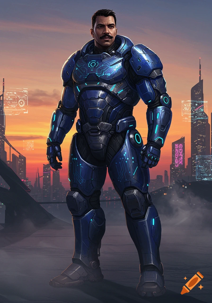 A Latino man with a mustache stands in a blue futuristic powered armor suit against a sunset cityscape.