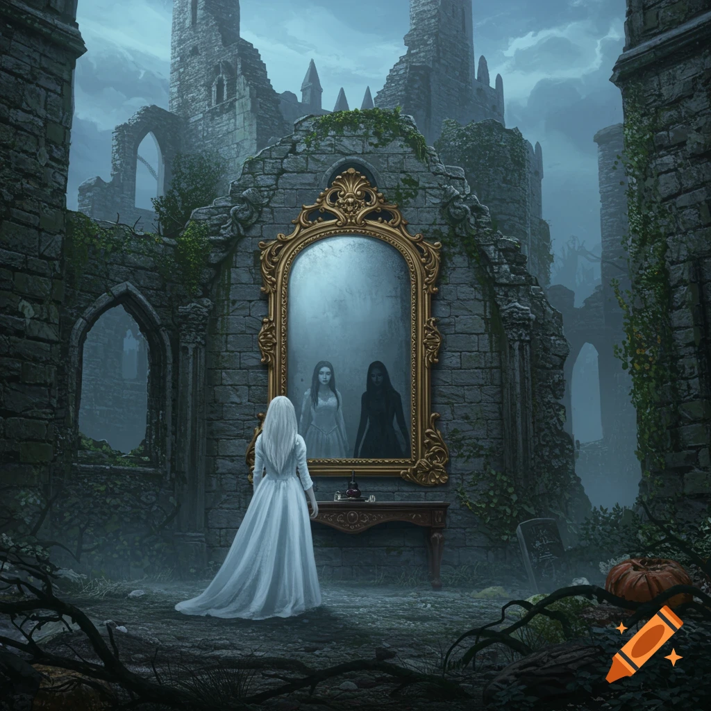 A spectral figure in a white gown gazes into an ornate mirror reflecting a dark doppelganger amidst gloomy castle ruins.