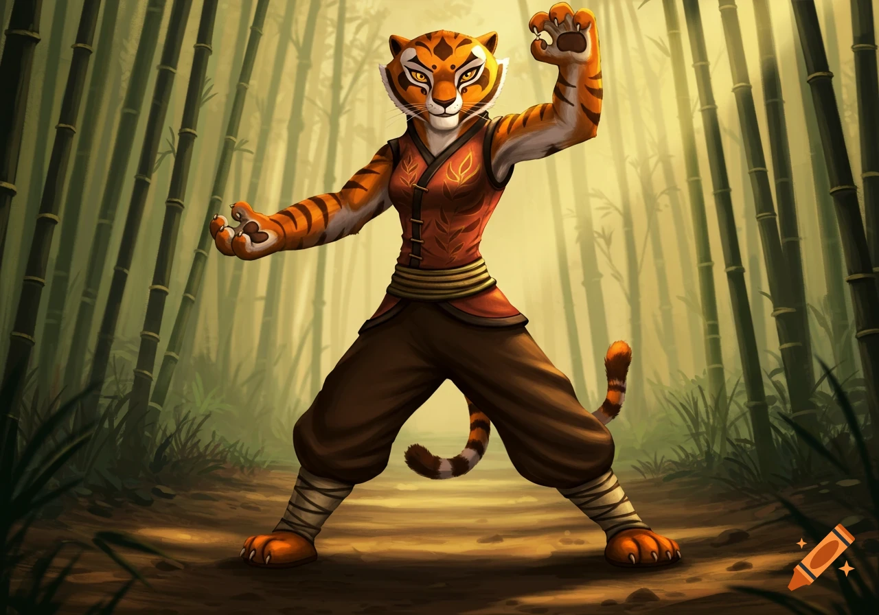 Tigress from Kung Fu Panda in a martial arts stance on a forest path surrounded by bamboo trees, digital art style.