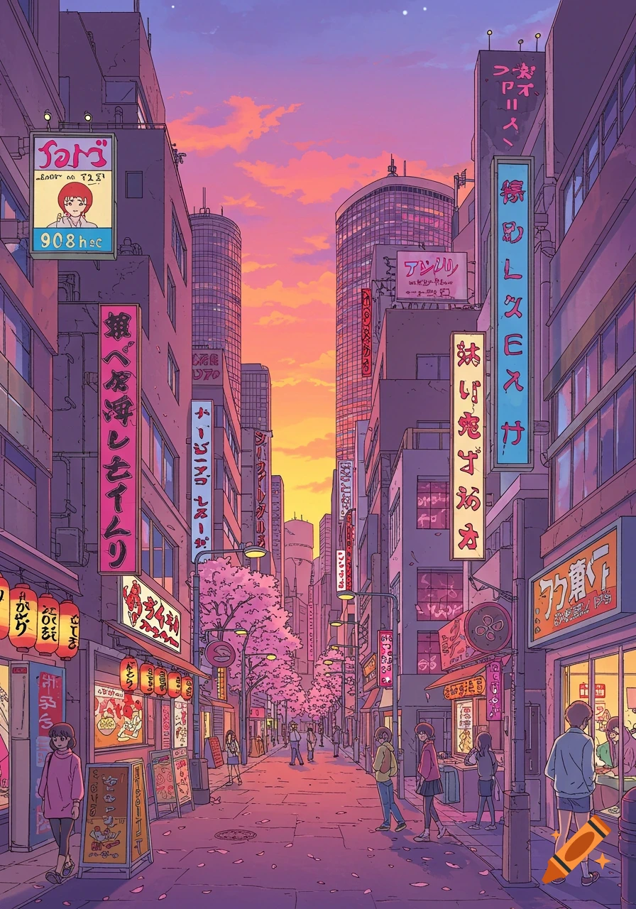 A vibrant anime-style city street at sunset, lined with buildings, glowing neon signs, and cherry blossom trees, with people strolling.