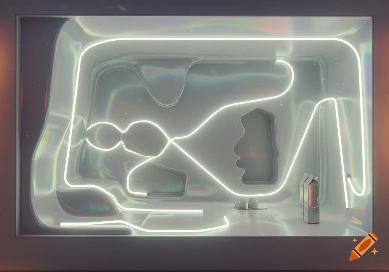 A sleek, modern, abstract interior space with glowing neon lines, reflective surfaces, and two small cartons.