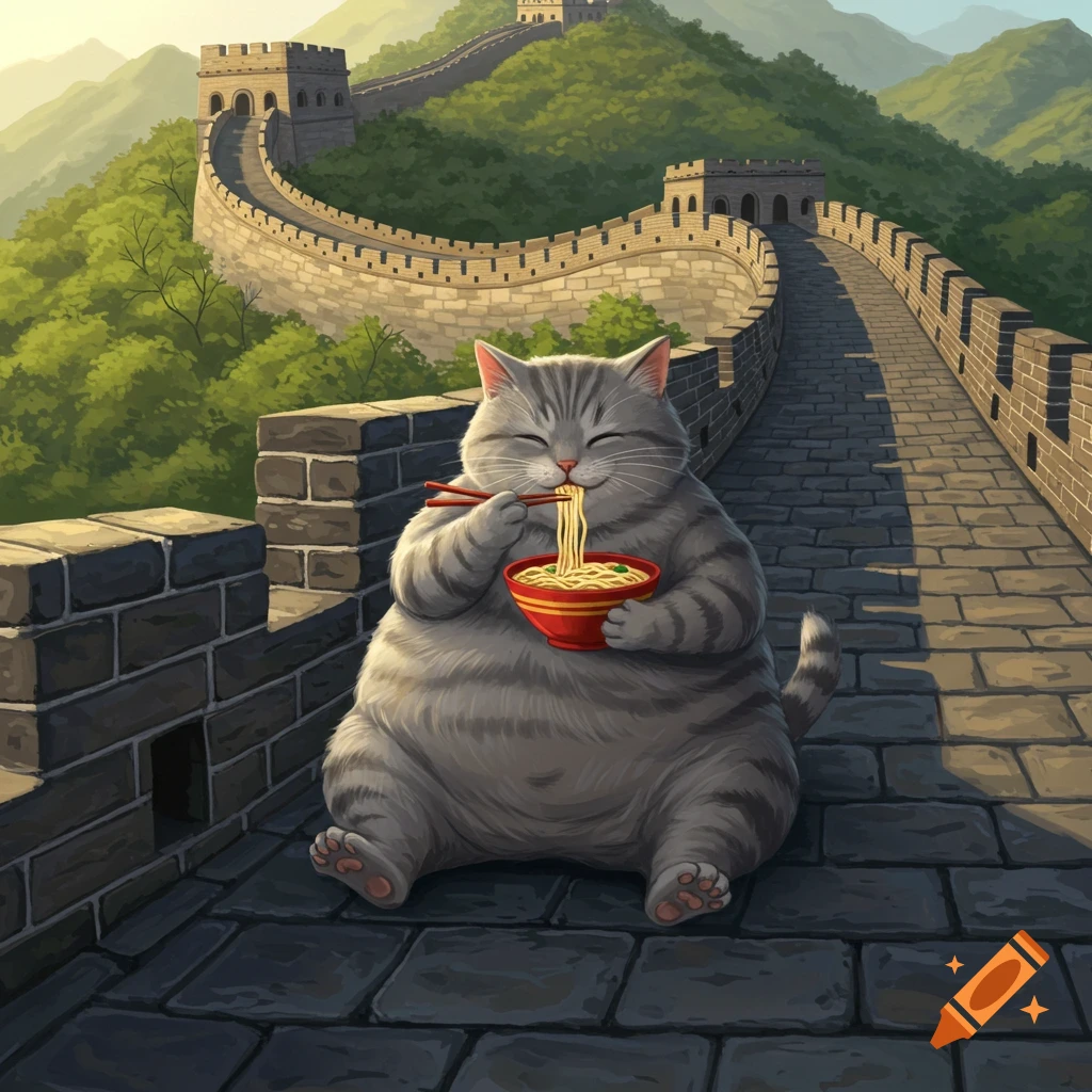 A plump grey tabby cat happily eating a bowl of noodles with chopsticks while sitting on the Great Wall of China.