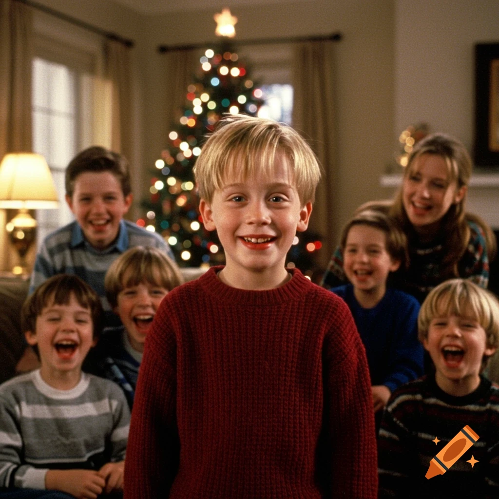 A young boy in a red sweater smiles in front of a Christmas tree with his laughing siblings in a living room.
