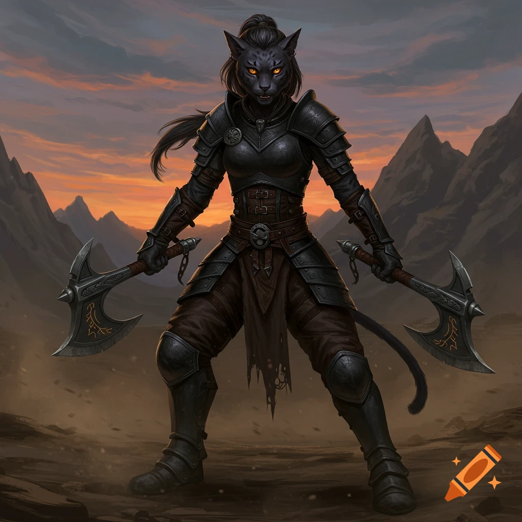 A black-furred female catfolk barbarian in black leather armor holds two hand axes, standing in a barren, mountainous landscape under an orange sky.