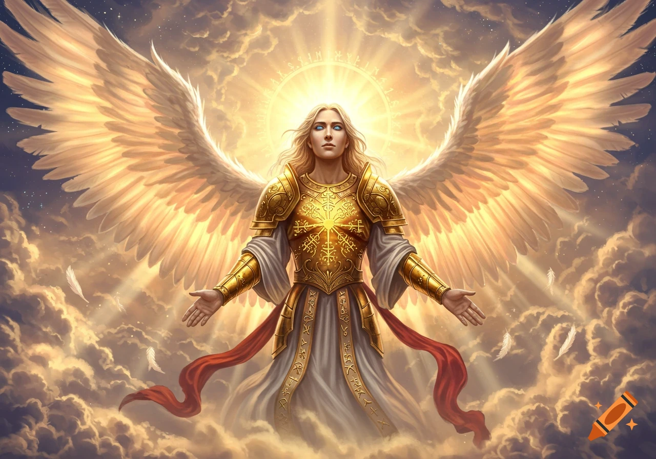 A majestic angel with large golden wings, glowing aura, and golden armor stands among clouds with arms outstretched.
