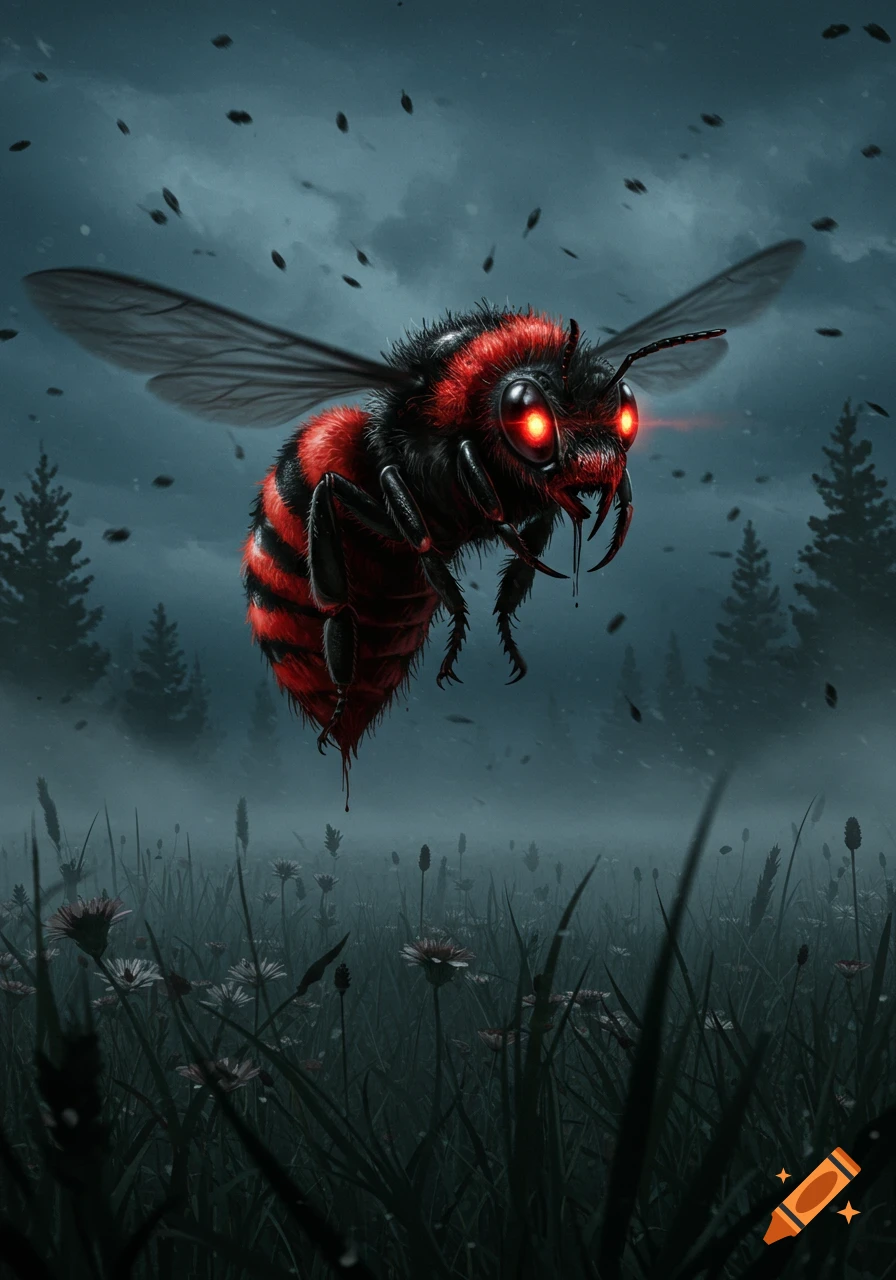 A menacing, red and black striped bee with glowing red eyes and dripping mandibles hovers over a dark, misty field with trees.
