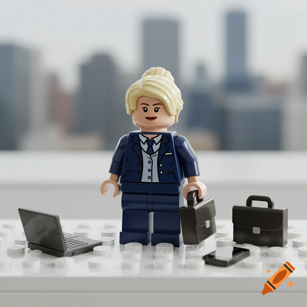 A photorealistic image of a blonde Lego minifigure woman in a blue suit holding a briefcase, with a laptop and phone on a white Lego baseplate, against a blurred city background.