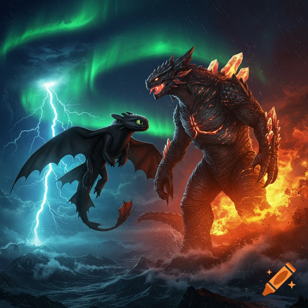 Toothless dragon and a large Kaiju monster face off in a dramatic scene with lightning and fire.