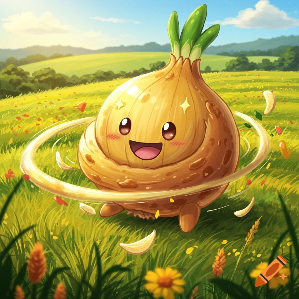 A happy, cartoon onion character with a swirling ring around it, in a green field under a blue sky.