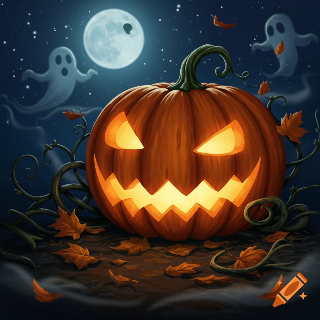 A spooky, glowing jack-o'-lantern with a wide grin sits among autumn leaves under a full moon and two ghosts in a dark, starry night sky.