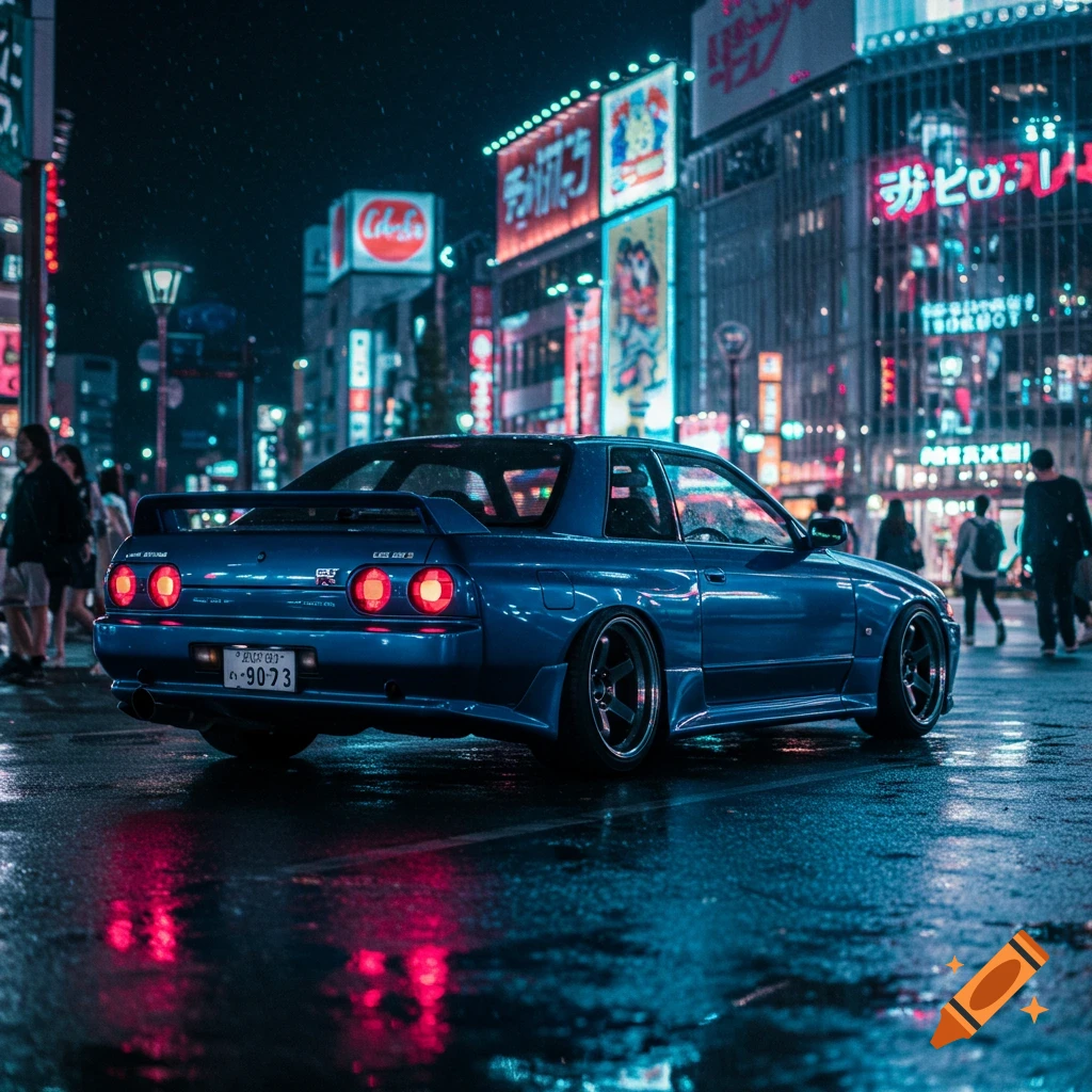 A photorealistic image of a blue Nissan Skyline R32 GT-R parked on a wet street at night in a bustling city with neon signs.