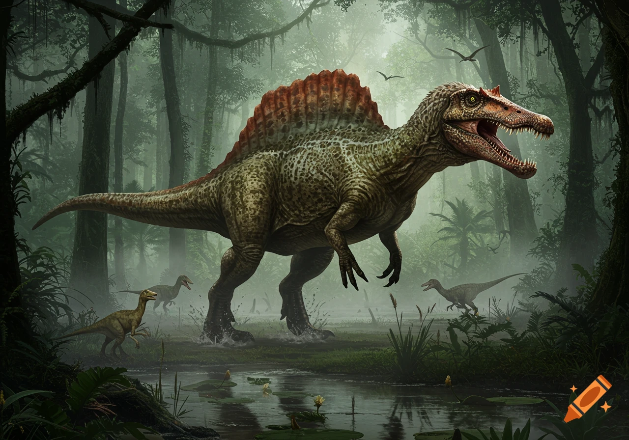 A large Spinosaurus stands in a prehistoric jungle swamp, with smaller dinosaurs and birds in the background.