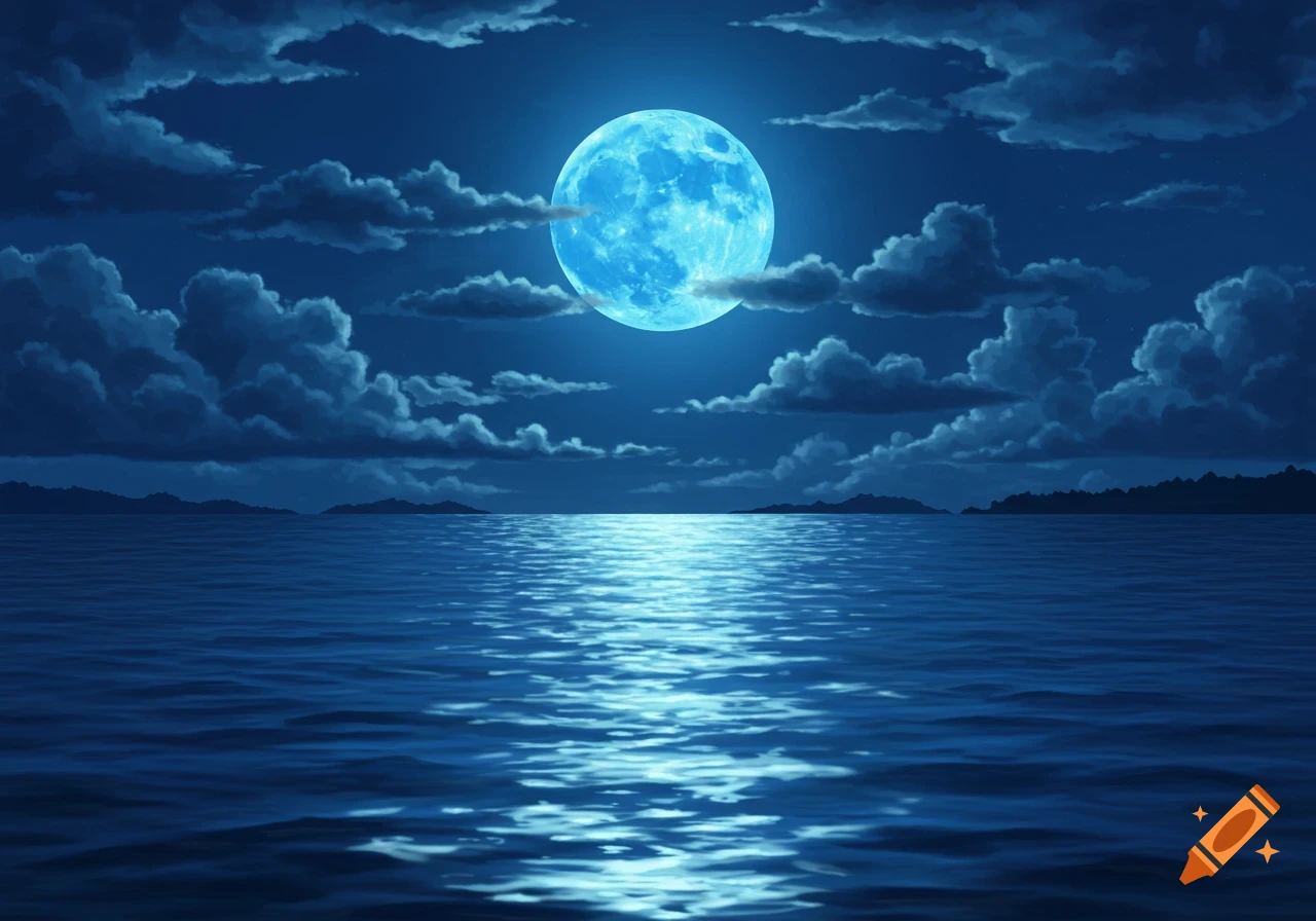 A vibrant blue full moon casts a luminous path across a dark, calm ocean under a cloudy night sky, with distant land visible.