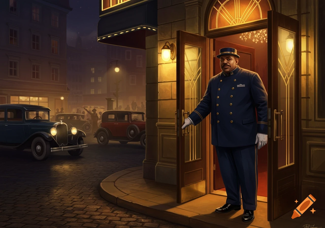 A doorman in a dark blue uniform opens the ornate doors of a building at night. Vintage cars are parked on the cobblestone street outside.