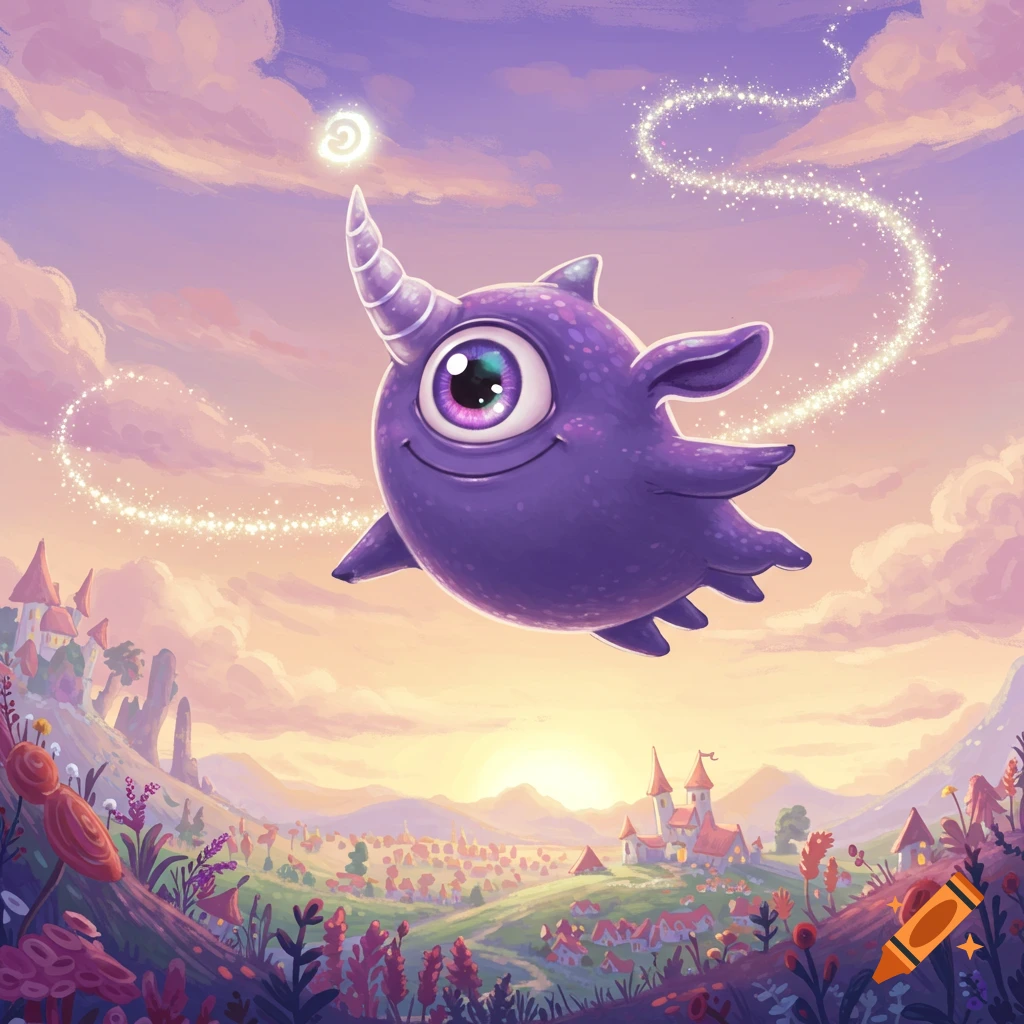 A cute, purple, one-eyed creature with a horn and small wings flies across a magical sunset sky with sparkling trails, over a vibrant valley with castles.